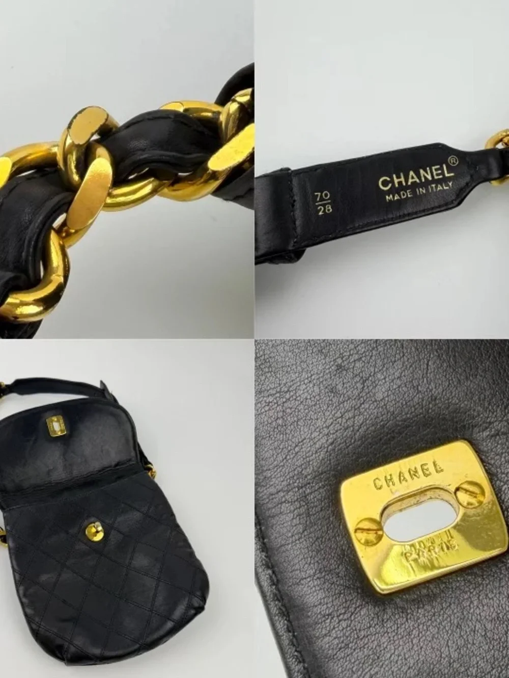 Authentic CHANEL vintage black wild stitch Lambskin bun bag belt 70cm